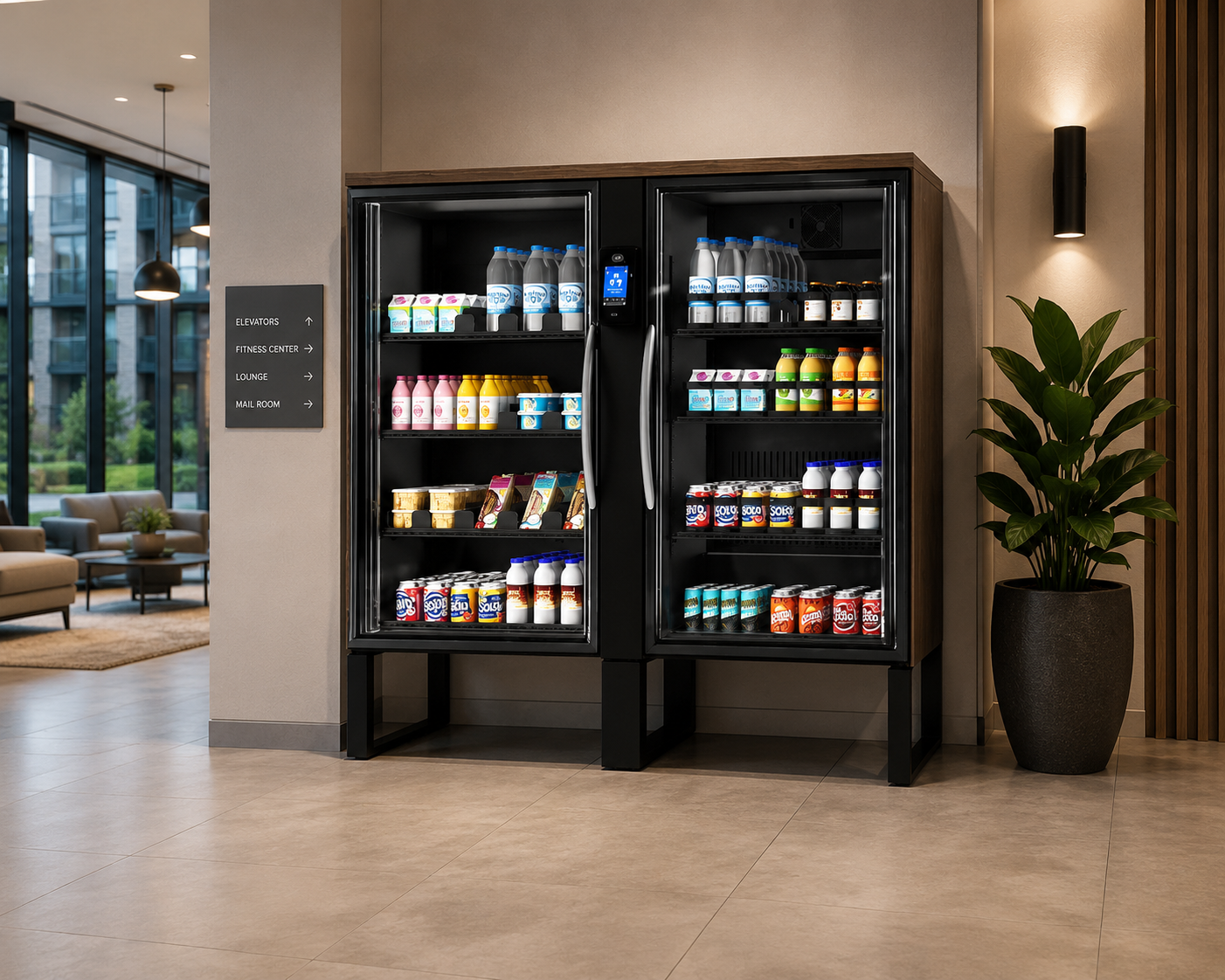 Modern AI smart micro-market coolers and kiosks for San Diego properties